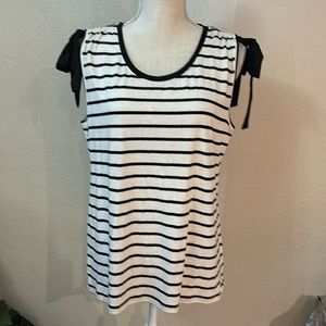 White House Black Market L White with black stripes and ribbons sleeveless top